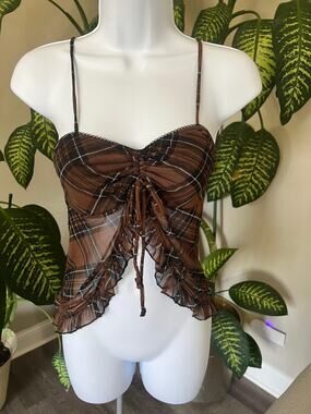Brown Plaid Mesh Ruched Cami Top‎ Ruffle Size Small #76